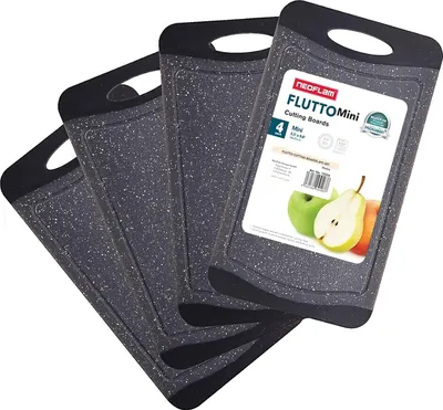 Produktbild von Antibakterielle Schneidebrett-Set - Set von 4 Kunststoff-Anti-Rutsch-Frühstücksbrettern mit Saftrinne - spülmaschinenfest