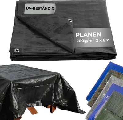 Produktbild von Plane Tarpaulin Strong 2x8 m, 200 g/m, Abdeckplane, anthrazit, mit Ösen