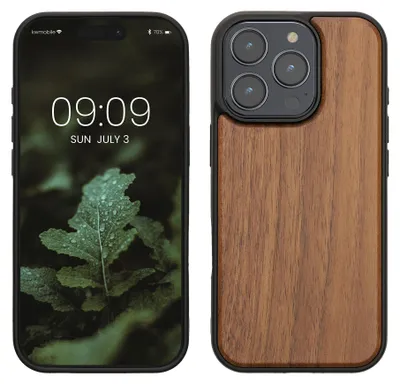 Produktbild von kwmobile Handyhülle für Apple iPhone 16 Pro Hülle Holz - Case mit TPU Bumper - Stoßfestes Hardcase - Schutzhülle Cover in Dunkelbraun