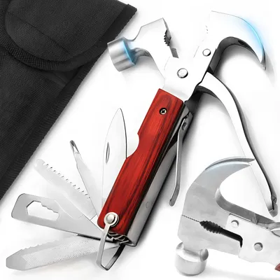 Produktbild von Multitool Multifunktionswerkzeug 9 in 1 Messer Hammer Zange Säge Schraubendreher Öffner Camping Survival Kit Ausführung Edelstahl Holz Braun Retoo
