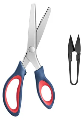 Produktbild von Zackenschere für Stoff, professionelles Zickzack-Scherenset inklusive Zackenschere und Fadenabschneider, Schneiderschere zum Schneiden von Stoff (dunkelblau/rot)