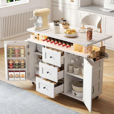 Immagine prodotto di Isola da cucina mobile con piano di lavoro ribaltabile, carrello da cucina, 5 ruote, ripiano con ante, portabottiglie e portabicchieri, 120 × 42 (60) × 93 cm, bianco