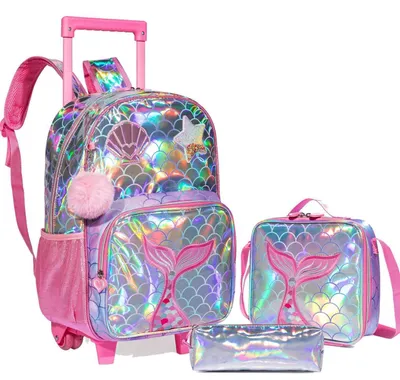 Immagine prodotto di Zaino da scuola con rotelle, motivo sirena, rosa, set per la prima elementare