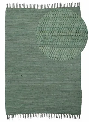Produktbild von Flickenteppich Kelim Chindi Uni Grün 140x200 cm, handgewebt | Fleckerlteppich aus Baumwolle für Wohnzimmermit Fransen
