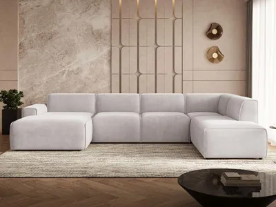 Produktbild von GrainGold Ecksofa U-Form Rechts Belluno - Ecksofa mit Schlaffunktion, Bettkasten - Moderne Ecksofa, Wohnzimmer Sofa - Eckcouch Grau (Castel 80)