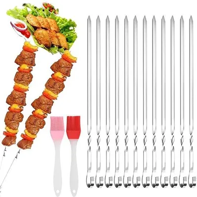 Produktbild von Unyqoos® 20er Set wiederverwendbare Edelstahl-Grillspieße – inkl. 2 Reinigungsbürsten, spiralförmige Spitze & Aufhängeschlaufe, spülmaschinenfest