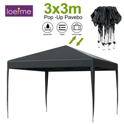 Imagen del producto de Toldo para jardín, tipo pabellón, plegable, para fiestas, con protección UV, impermeable, fabricado en tela Oxford, con estructura de metal, independiente y con altura ajustable, color gris, dimensiones 3x3 metros