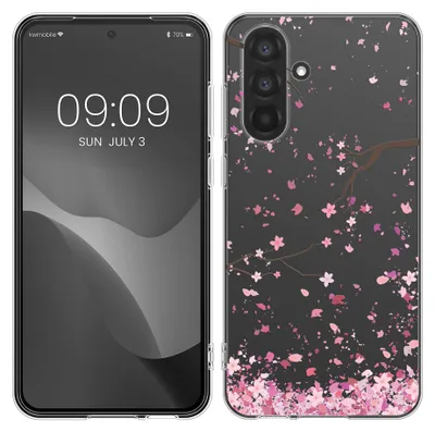 Produktbild von kwmobile Case kompatibel mit Samsung Galaxy A56 5G - Hülle Silikon transparent Kirschblütenblätter Rosa Dunkelbraun Transparent