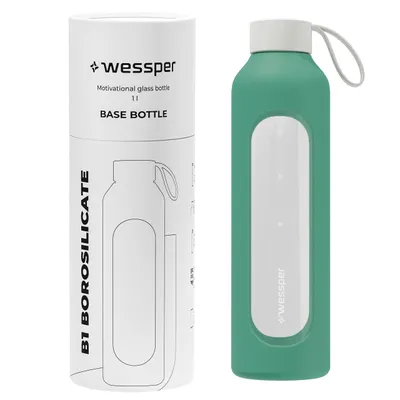Image de Bouteille en verre Wessper avec housse en silicone – 1 L – avec repères horaires – Lagune
