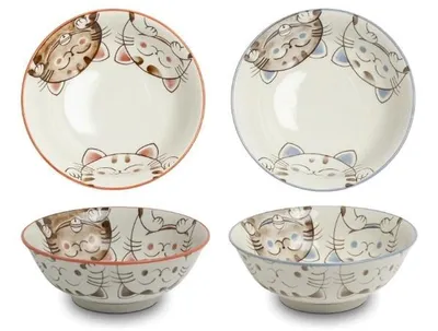 Produktbild von Emro Aziatica | Set Aus 2 Japanischen Schalen - Rosa Und Blau - 19,5 X 7 Cm - Katzenmotiv - Keramikschalen