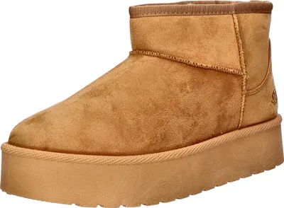 A single brown boot with a platform sole is shown against a white background.