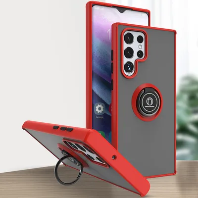 Produktbild von Samsung S22 Ultra 5G Hülle, Ring Halter Ständer Matte Transluzent TPU Rahmen Stoßfest Schutzhülle für Samsung Galaxy S22 Ultra 5G Rot