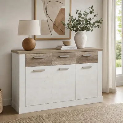 Immagine prodotto di Madia Flux 3 ante e 3 cassetti 140 cm pino bianco con top rovere antico
