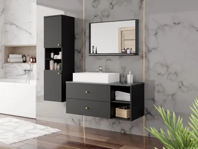 Obrázek produktu pro Nábytek do koupelny SEGUNDO 2 - černý mramor / matný černý + umyvadlo a sifon