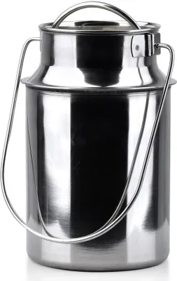 A stainless steel milk can with a lid and handle, shown against a white background.