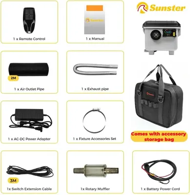 Immagine prodotto di Riscaldatore da parcheggio portatile a gasolio - Riscaldatore d'aria 8 kW - 12V/24V e AC 110-240 V - Riscaldamento e ventilazione - LCD, telecomando e Bluetooth - Serbatoio da 6 L - Con borsa di stoccaggio - Bianco