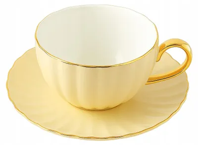 Zdjęcie produktu dla Porcelanowa filiżanka żółta 220 ml złoty brzeg do kawy prezent dla kobiety