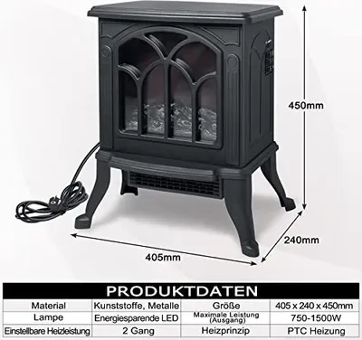 Obrázok produktu pre TRMLBE Elektrický krb s ohrievačom a LED krbom Elektrické krby s efektom plameňa Ohrievač Sporák Úspora energie 750W/1500W Prepínateľná funkcia ohrevu - čierna