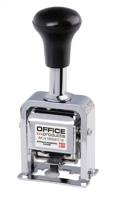 A silver and black automatic numbering machine with a black handle is shown against a white background.