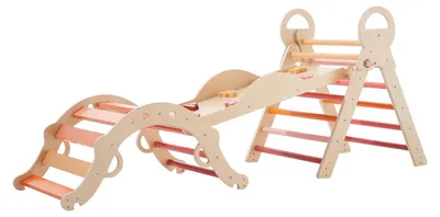 Productafbeelding van Pikler-driehoek set, 9-in-1 klimtoestel voor peuters, geschikt voor binnen, met 2 houten autootjes, een kussen, een driehoek, een boog en een helling. Draagvermogen: 68 kg. Opvouwbare Montessori klimset voor peuters en kinderen, oranje