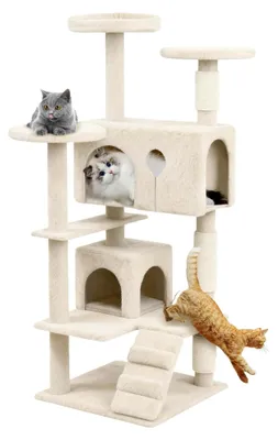 Produktbild von Katzenkratzbaum, 130 cm in Beige mit Sisal-Kratzsäulen, Plüsch-Liegeflächen und Hängespielzeug, stabiler Kletterbaum mit Höhle und Leiter für Wohnungskatzen