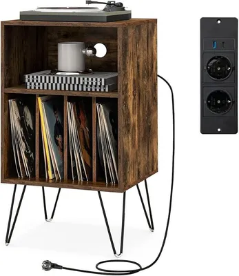 Produktbild von Plattenspieler-Ständer mit Ladestation, 3-stufiger Schallplattenständer, Vinylplatten Aufbewahrungstisch mit Regal & 4 Trennwänden für Wohnzimmer 48 x 40 x 88 cm (Industriell)