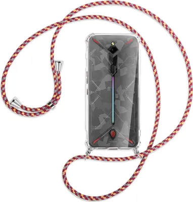 Produktbild von Handykette Backcover-Schutzhülle mit Band (Metall silberfarben) für ZTE Nubia Red Magic 3 / 3s - weinrot/gelb/grau
