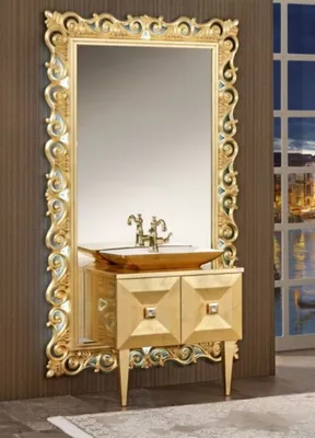 Produktbild von Casa Padrino Luxus Barock Badezimmer Set Gold - Waschtisch mit Waschbecken und Wandspiegel - Prunkvolle Badezimmermöbel im Barockstil