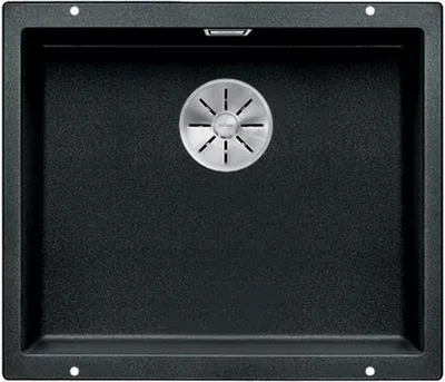 A top-down view of a black kitchen sink with a silver drain.
