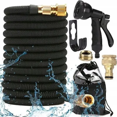 Produktbild von Flexibler 30 Meter Gartenschlauch mit Messinganschlüssen, 8 Sprühköpfen, Aufhängung und Tasche