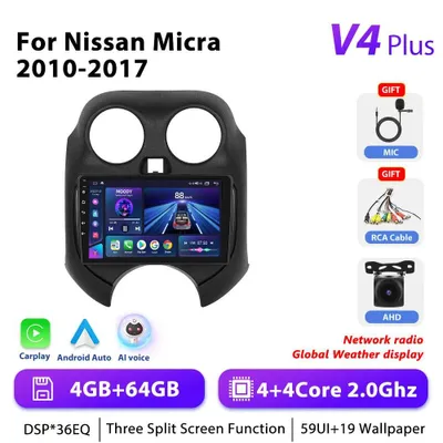 Produktbild von Android Autoradio - 2-DIN für Nissan Micra 2010–2017 - 23 cm Touchscreen - Android 13 - 4GB+64GB - 2,0 GHz Prozessor - AHD Rückfahrkamera-Eingang - HD 1280×720