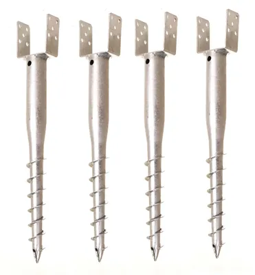 Four metal screw-in post anchors are arranged in a row against a white background.