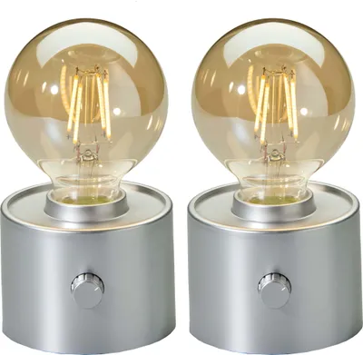 Productafbeelding van Vintage LED-lamp met Edison-stijl, oplaadbaar met USB-C, dimbaar met draaiknop – moderne decoratie, 2 stuks, mat zilver