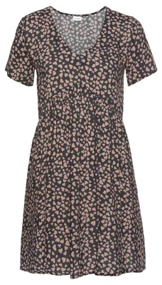 Produktbild von LASCANA Blusenkleid mit Herzchenprint, lockeres Webkleid, Minikleid schwarz-cognac-bedruckt Größe 38