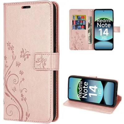 Image de Coque pour Xiaomi Redmi Note 14 4G, Protection Cuir Synthétique Antichoc Rose Motif Papillon Fleurs