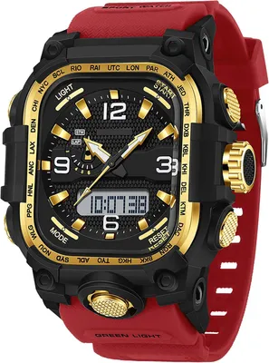 Produktbild von Militär Herren Uhr Digital Analog 5ATM wasserdicht Outdoor Sportuhr mit Stoppuhr Countdown 3 Zeitzonen Beleuchtung Datum robuste Armbanduhr