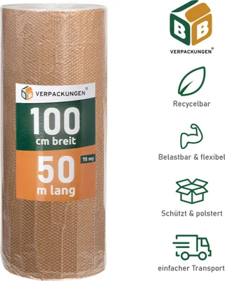 Produktbild von 3 x Luftpolsterfolie (1,0 x 50 m) 3-lagig 75 my Papierkaschiert Schutzfolie Noppen Versandfolie Polster Verpacken Knallfolie Transport BB-Verpackungen