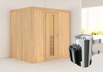 Produktbild von Karibu Sauna Innensauna Fanja Fronteinstieg Ofen 3,6 kW intgr. Strg 196x151x198 cm ohne Dachkranz mit Energiespartür