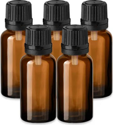 Produktbild von 5x Glasflasche braun 20 ml mit schwarzem Tropfeinsatz leer 18 mm Set