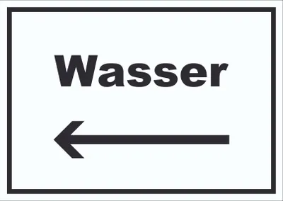 Produktbild von Wasser Schild mit Text und Richtungspfeil links Anschluss waagerecht A5 (148x210mm)