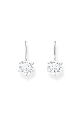 A pair of diamond drop earrings on a white background.