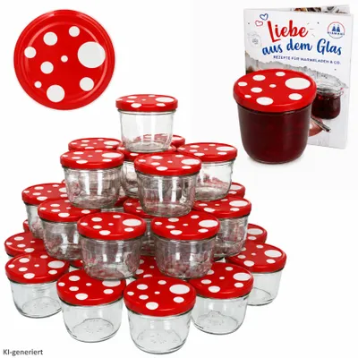 Produktbild von 100er Set Sturzglas 230 ml To 82 Fliegenpilz Deckel rot weiß gepunktet incl. Diamant Rezeptheft