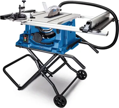 A blue table saw with a black stand and wheels, shown against a white background.