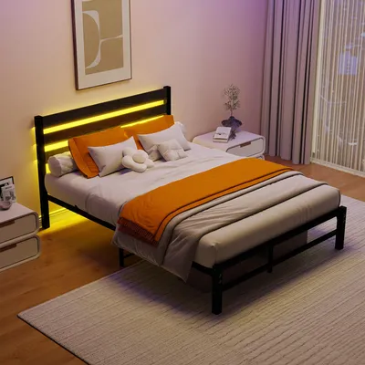Image de Lit simple pour enfant 140x200 cm avec station de charge USB, lit simple avec tête de lit et structure en métal, lit pour enfant avec éclairage LED et espace de rangement, noir, métal
