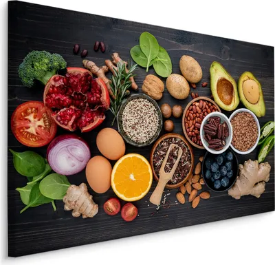 Zdjęcie produktu dla Obraz Ozdoba Ścienna idealna do kuchni warzywa przyprawy bakalie 70x50cm