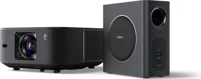 A black projector and a black subwoofer are displayed side-by-side on a white background.