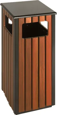 Produktbild von Eckiger Abfallbehälter aus Metall in Holzoptik für den Außenberreich | 36 Liter, HxBxT 81x35x35cm | Holzoptik, Abdeckung Schwarz