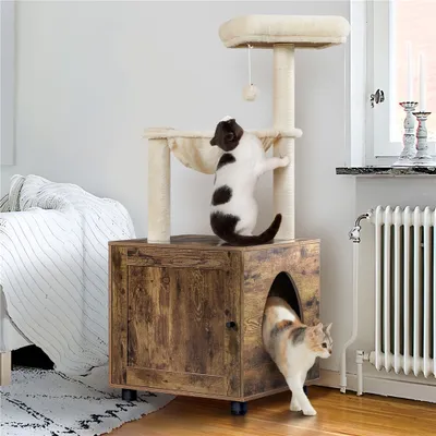 Produktbild von Yaheetech Kratzbaum Katzenhaus mit Katzenklo-Schrank, 2-in-1 Katzenbaum, 125 cm hoch, mit Plattform Liegemulde Kratzstamm, Katzenschrank für Katzentoilette, Vintagebraun-Beige