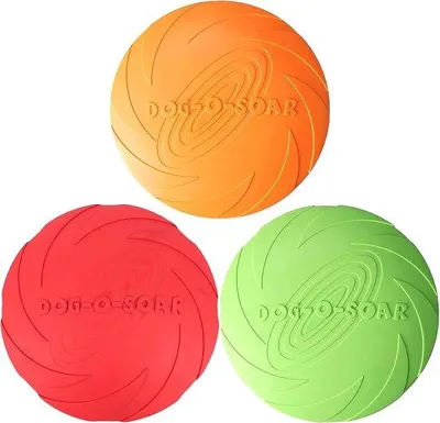 Produktbild von Famanu Set von 3 Robusten Fliegenden Scheiben für Hundetraining - Grün, Orange, Rosa