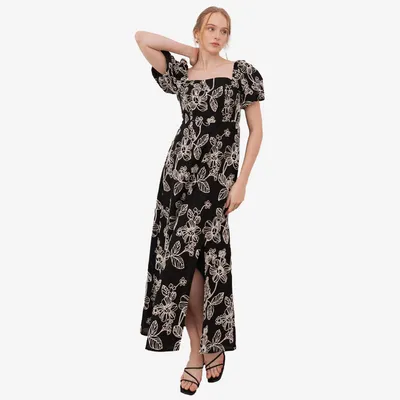 Produktbild von Lovedrobe Womens Black White Floral Maxi Dress, Short Puff Sleeve Square Neck Si